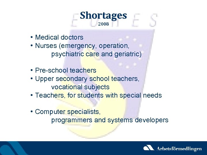 Shortages 2008 • Medical doctors • Nurses (emergency, operation, psychiatric care and geriatric) •