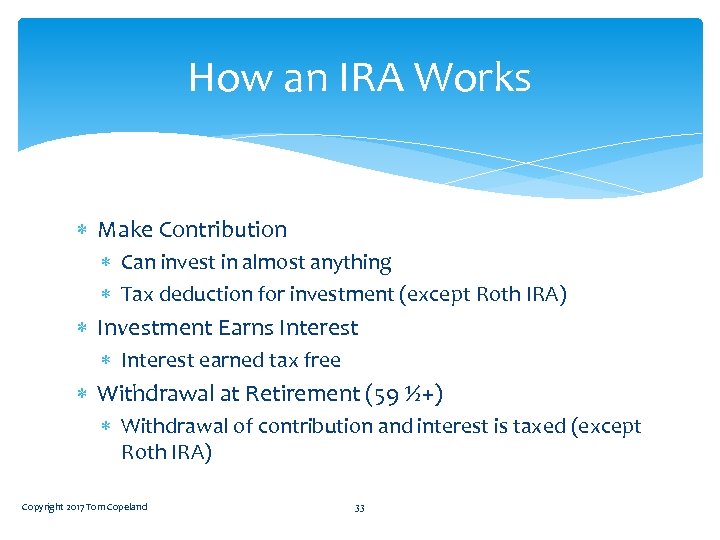 How an IRA Works Make Contribution Can invest in almost anything Tax deduction for