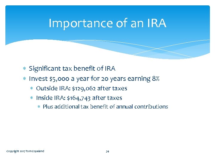 Importance of an IRA Significant tax benefit of IRA Invest $5, 000 a year