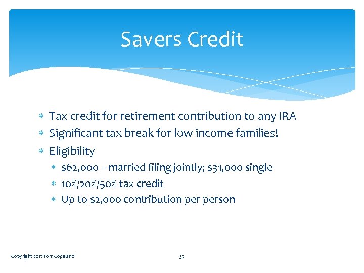 Savers Credit Tax credit for retirement contribution to any IRA Significant tax break for