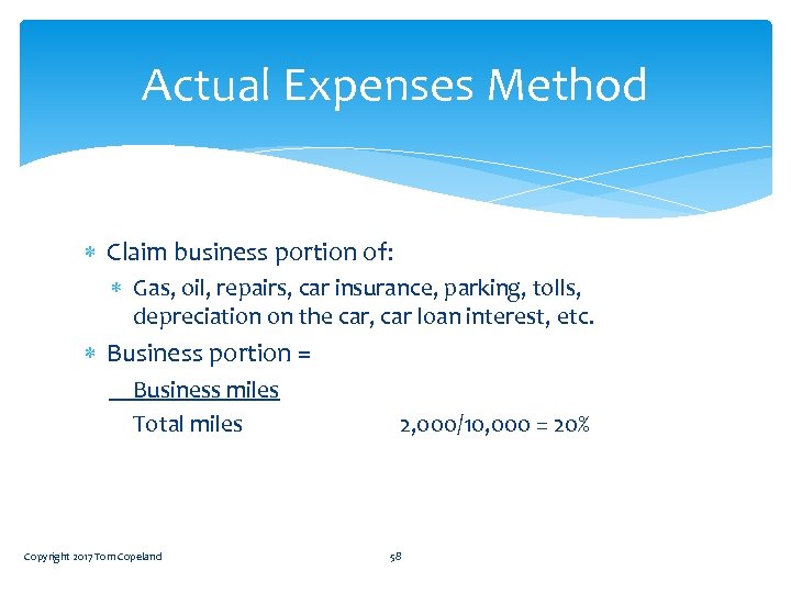 Actual Expenses Method Claim business portion of: Gas, oil, repairs, car insurance, parking, tolls,