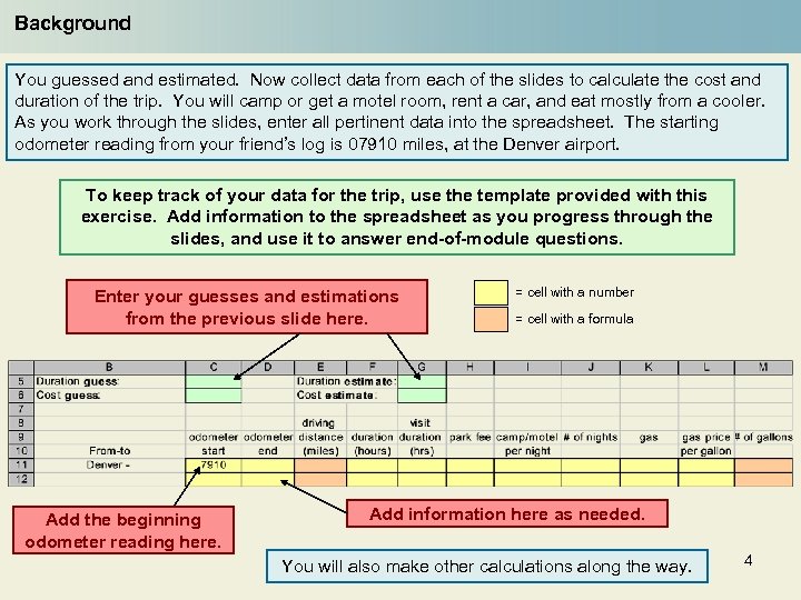 Background You guessed and estimated. Now collect data from each of the slides to