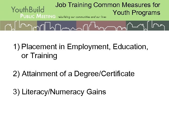 Job Training Common Measures for Youth Programs 1) Placement in Employment, Education, or Training