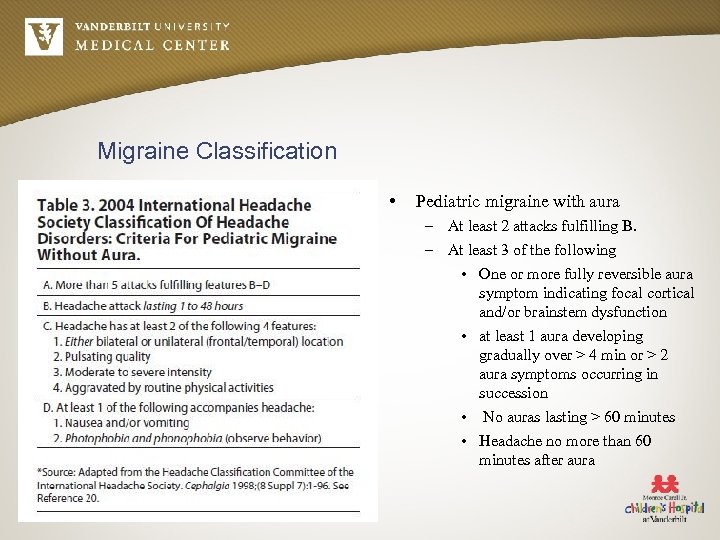Migraine Classification • Pediatric migraine with aura – At least 2 attacks fulfilling B.