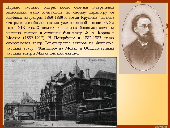 Первые частные театры после отмены театральной монополии мало отличались по своему характеру от клубных