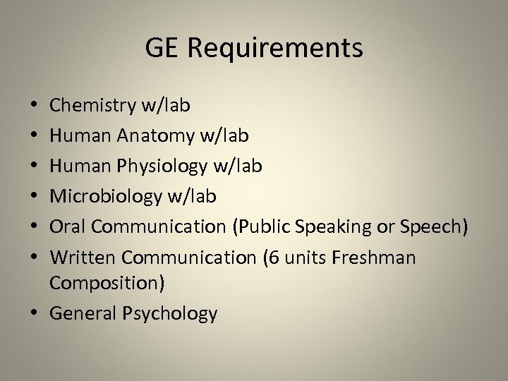 GE Requirements Chemistry w/lab Human Anatomy w/lab Human Physiology w/lab Microbiology w/lab Oral Communication