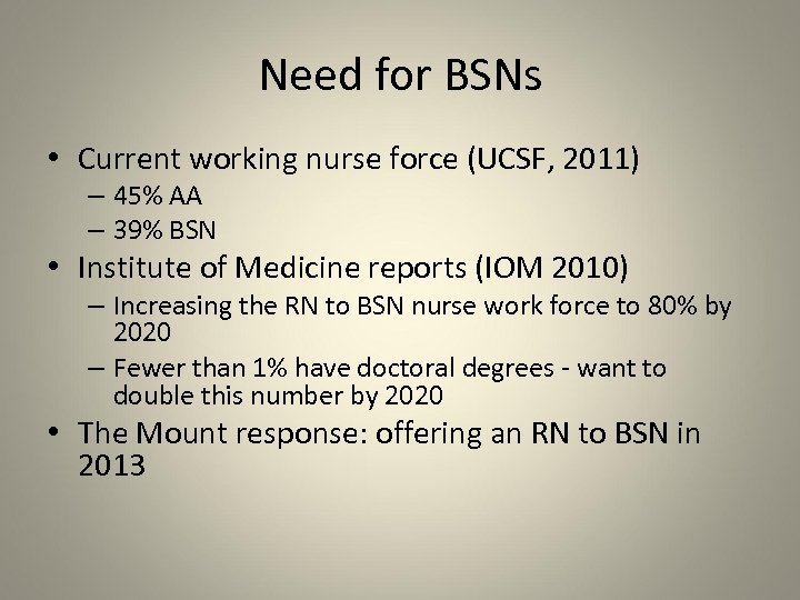 Need for BSNs • Current working nurse force (UCSF, 2011) – 45% AA –