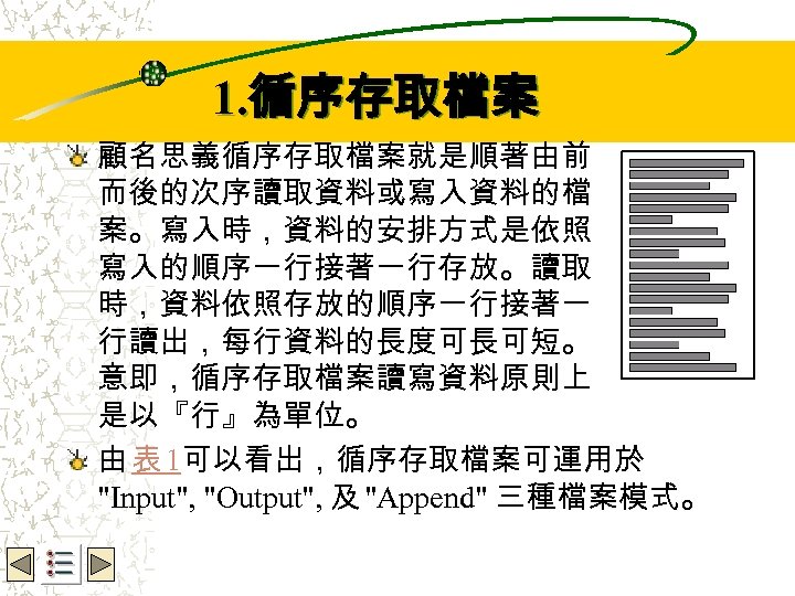 Wbe. nctu Copyright 2001 1. 循序存取檔案 顧名思義循序存取檔案就是順著由前 而後的次序讀取資料或寫入資料的檔 案。寫入時，資料的安排方式是依照 寫入的順序一行接著一行存放。讀取 時，資料依照存放的順序一行接著一 行讀出，每行資料的長度可長可短。 意即，循序存取檔案讀寫資料原則上 是以『行』為單位。