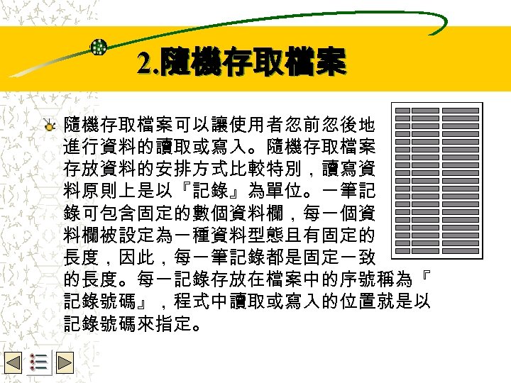 Wbe. nctu Copyright 2001 2. 隨機存取檔案可以讓使用者忽前忽後地 進行資料的讀取或寫入。隨機存取檔案 存放資料的安排方式比較特別，讀寫資 料原則上是以『記錄』為單位。一筆記 錄可包含固定的數個資料欄，每一個資 料欄被設定為一種資料型態且有固定的 長度，因此，每一筆記錄都是固定一致 的長度。每一記錄存放在檔案中的序號稱為『 記錄號碼』，程式中讀取或寫入的位置就是以