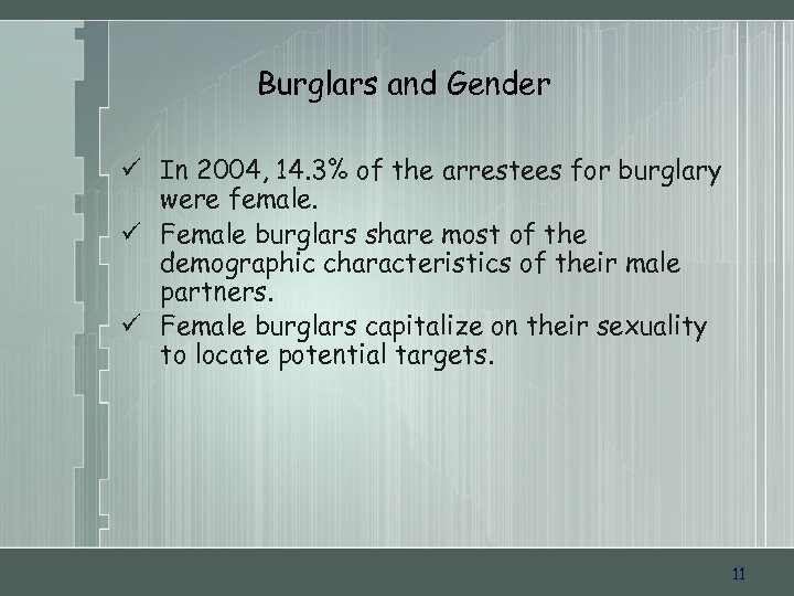 Burglars and Gender ü In 2004, 14. 3% of the arrestees for burglary were