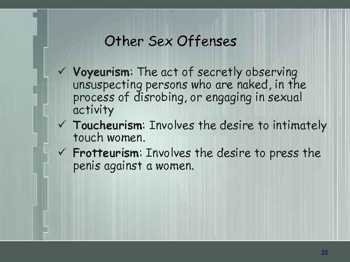 Other Sex Offenses ü Voyeurism: The act of secretly observing unsuspecting persons who are