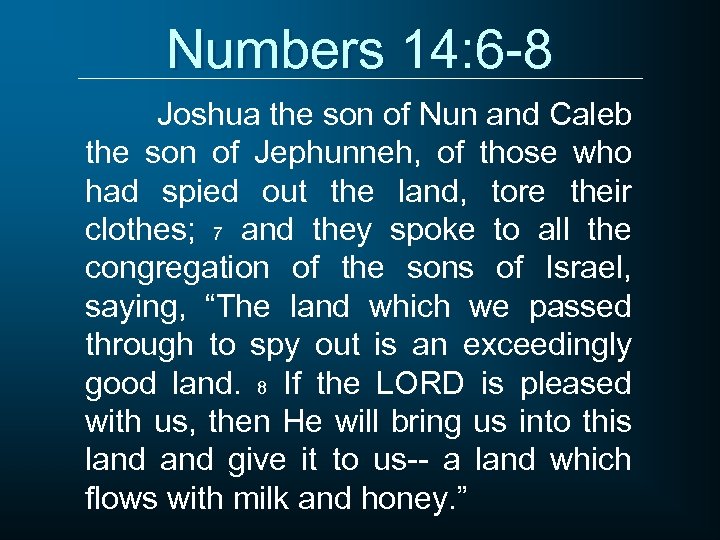 Numbers 14: 6 -8 Joshua the son of Nun and Caleb the son of