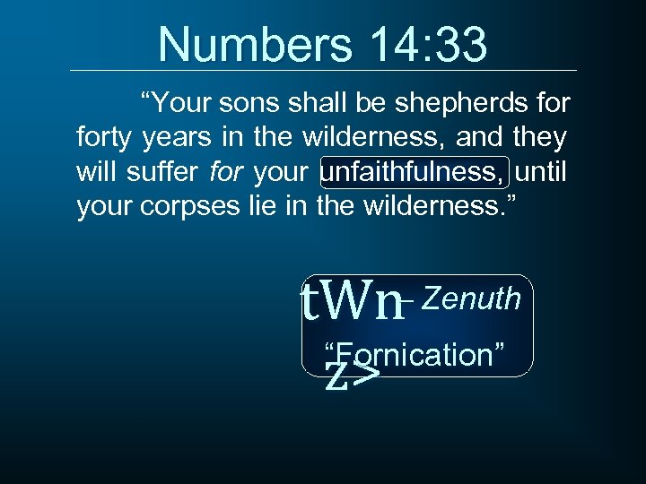 Numbers 14: 33 “Your sons shall be shepherds forty years in the wilderness, and