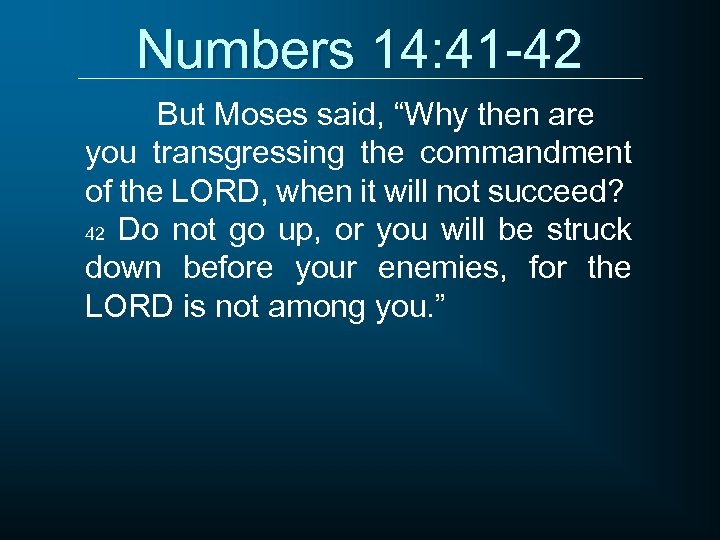 Numbers 14: 41 -42 But Moses said, “Why then are you transgressing the commandment