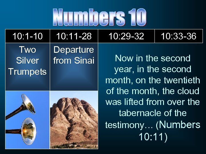 10: 1 -10 Two Silver Trumpets 10: 11 -28 Departure from Sinai 10: 29