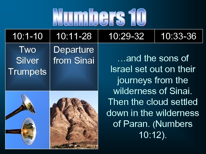 10: 1 -10 Two Silver Trumpets 10: 11 -28 Departure from Sinai 10: 29