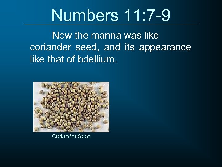 Numbers 11: 7 -9 Now the manna was like coriander seed, and its appearance