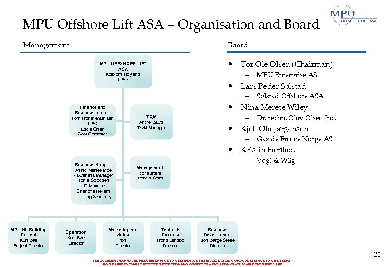 MPU Offshore Lift ASA – Organisation and Board Management Board • MPU OFFSHORE LIFT