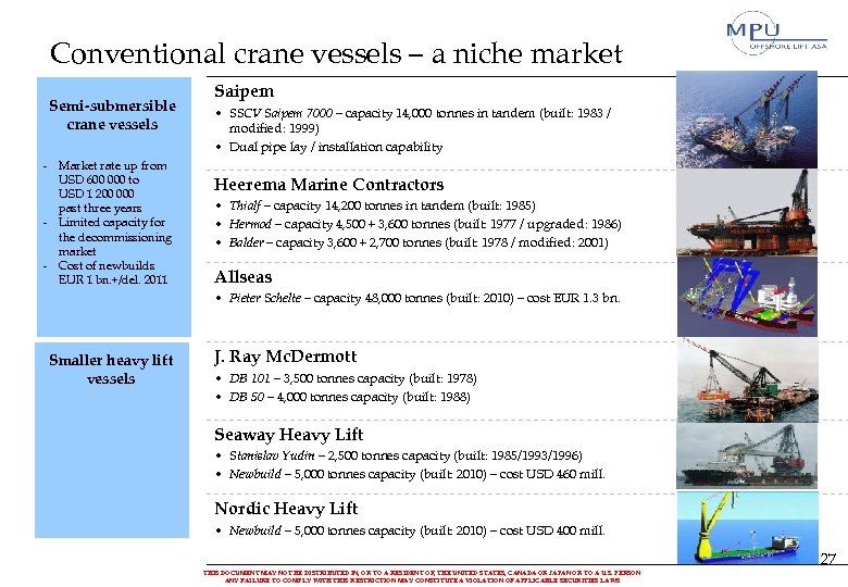 Conventional crane vessels – a niche market Semi-submersible crane vessels - Market rate up