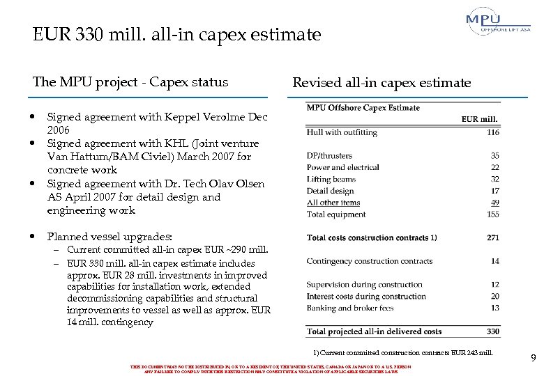 EUR 330 mill. all-in capex estimate The MPU project - Capex status • •