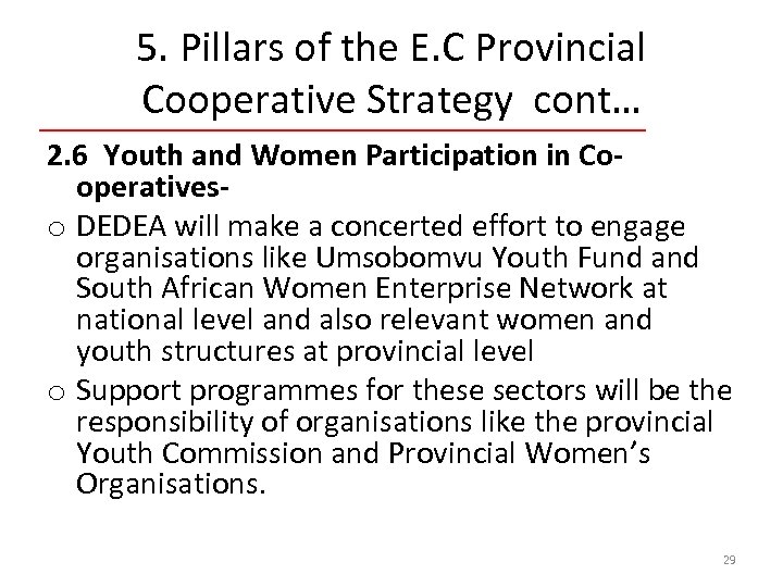5. Pillars of the E. C Provincial Cooperative Strategy cont… 2. 6 Youth and