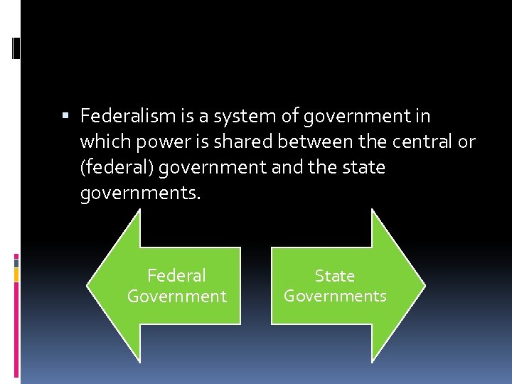  Federalism is a system of government in which power is shared between the