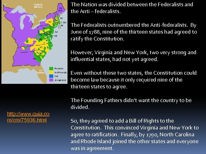 The Nation was divided between the Federalists and the Anti – federalists. The Federalists