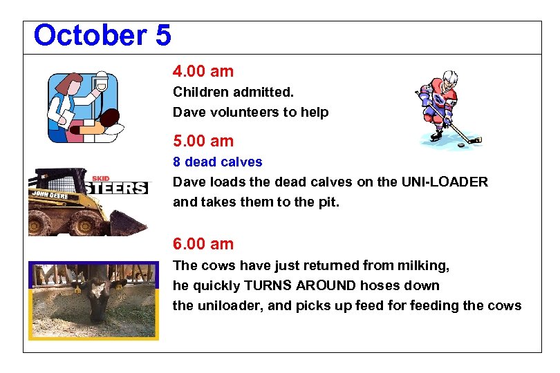 October 5 4. 00 am Children admitted. Dave volunteers to help 5. 00 am