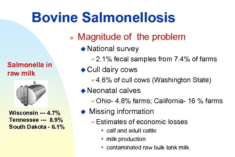 Bovine Salmonellosis n Magnitude of the problem u National Salmonella in raw milk F