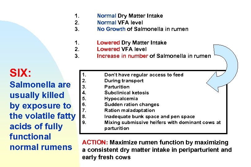 1. 2. 3. Normal Dry Matter Intake Normal VFA level No Growth of Salmonella