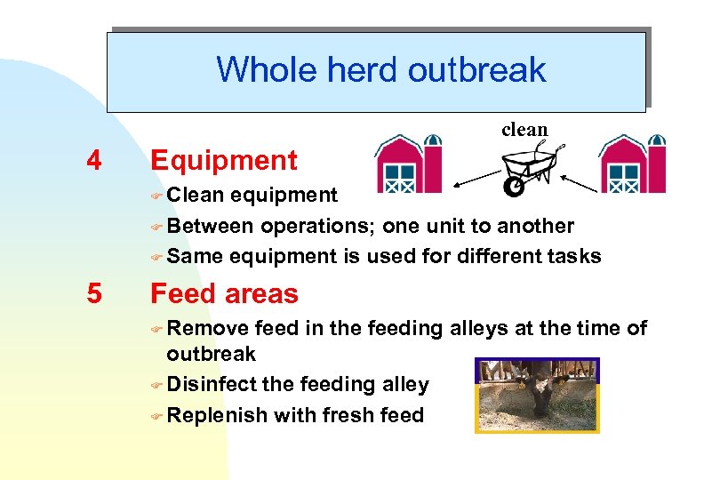 Whole herd outbreak clean 4 Equipment F Clean equipment F Between operations; one unit