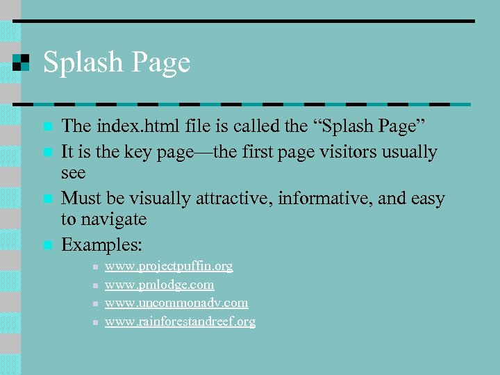 Splash Page n n The index. html file is called the “Splash Page” It