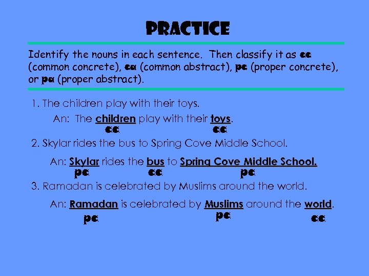 Practice Identify the nouns in each sentence. Then classify it as cc (common concrete),