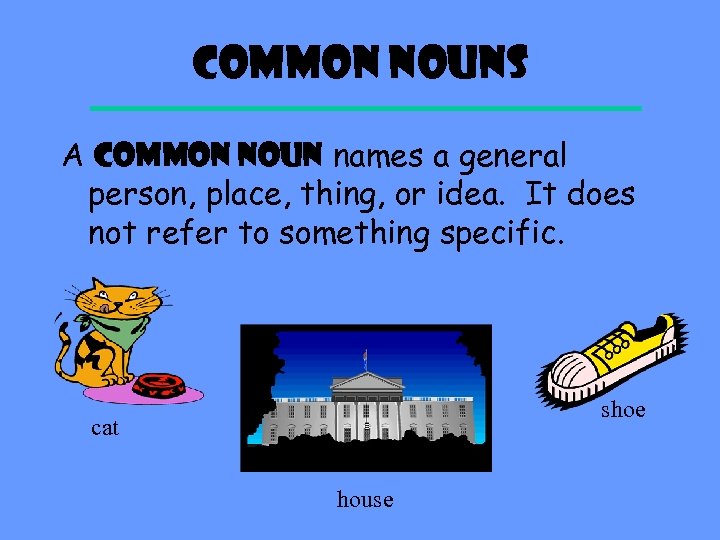 Common Nouns A COMMON NOUN names a general person, place, thing, or idea. It