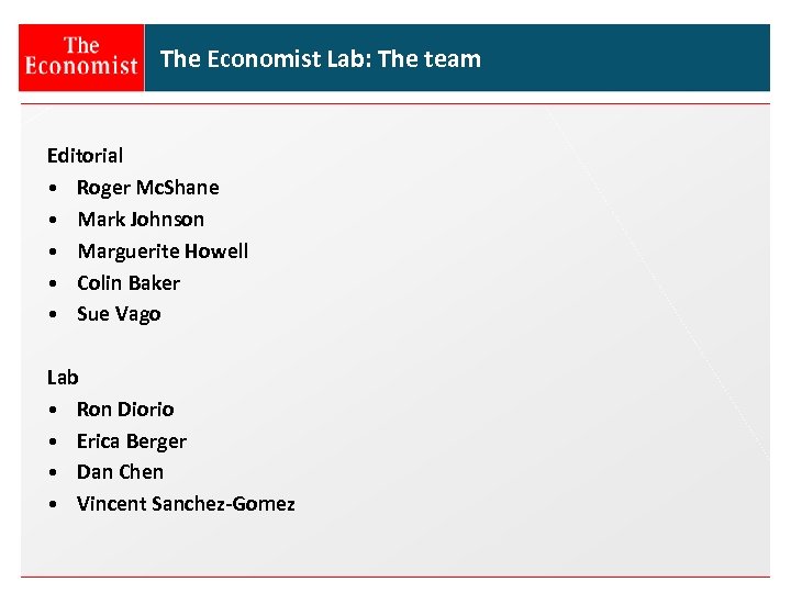 The Economist Lab: The team Editorial • Roger Mc. Shane • Mark Johnson •