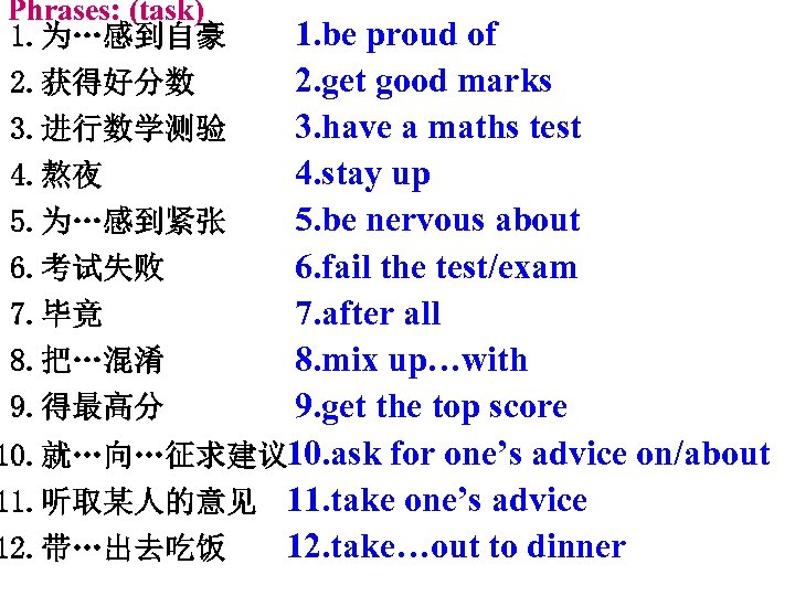 Phrases: (task) 1. 为…感到自豪 2. 获得好分数 1. be proud of 2. get good marks