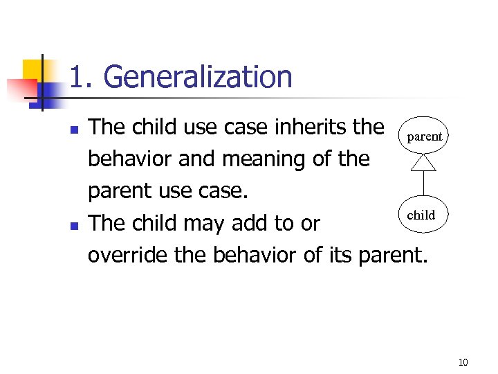 1. Generalization n n The child use case inherits the parent behavior and meaning