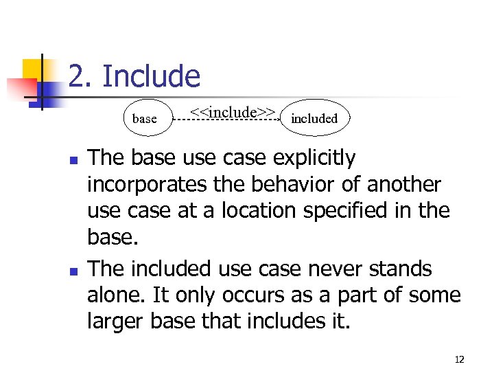2. Include base n n <<include>> included The base use case explicitly incorporates the