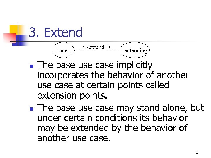 3. Extend base n n <<extend>> extending The base use case implicitly incorporates the