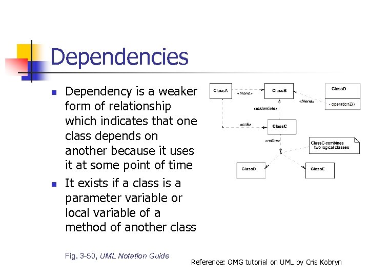 Dependencies n n Dependency is a weaker form of relationship which indicates that one