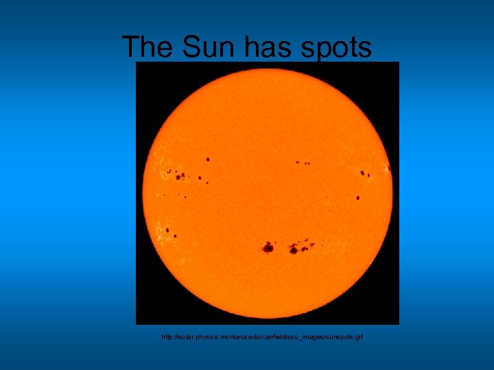 The Sun has spots http: //solar. physics. montana. edu/canfield/ssu_images/sunspots. gif 