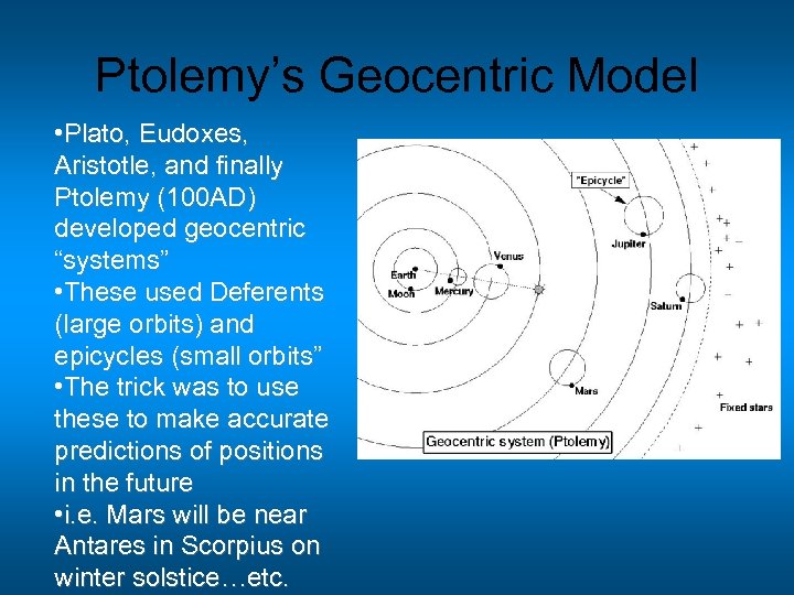 Ptolemy’s Geocentric Model • Plato, Eudoxes, Aristotle, and finally Ptolemy (100 AD) developed geocentric