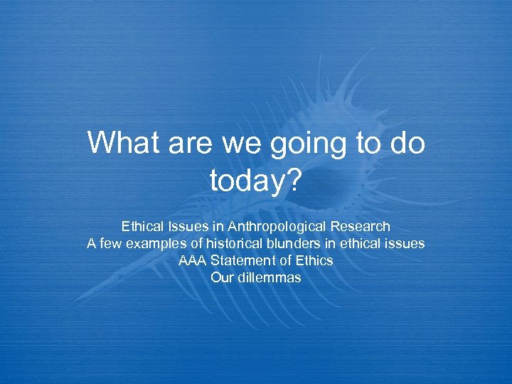 What are we going to do today? Ethical Issues in Anthropological Research A few