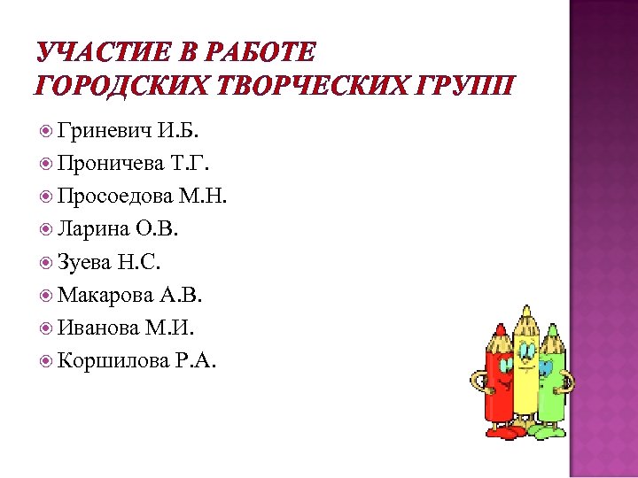 УЧАСТИЕ В РАБОТЕ ГОРОДСКИХ ТВОРЧЕСКИХ ГРУПП Гриневич И. Б. Проничева Т. Г. Просоедова М.