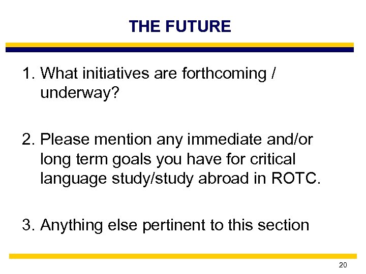 THE FUTURE 1. What initiatives are forthcoming / underway? 2. Please mention any immediate
