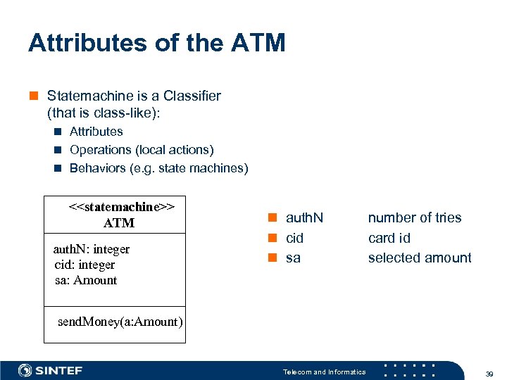 Attributes of the ATM n Statemachine is a Classifier (that is class-like): n Attributes