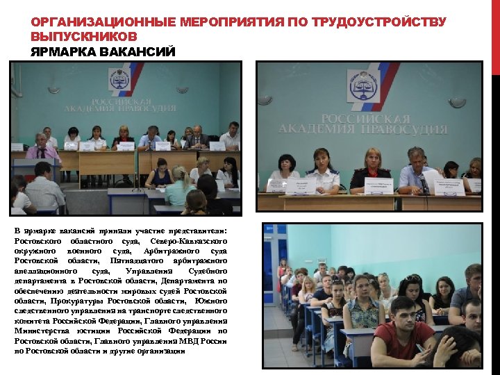 ОРГАНИЗАЦИОННЫЕ МЕРОПРИЯТИЯ ПО ТРУДОУСТРОЙСТВУ ВЫПУСКНИКОВ ЯРМАРКА ВАКАНСИЙ В ярмарке вакансий приняли участие представители: Ростовского