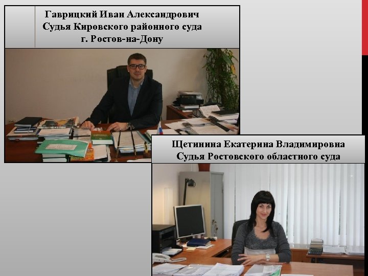 Гаврицкий Иван Александрович Судья Кировского районного суда г. Ростов-на-Дону Щетинина Екатерина Владимировна Судья Ростовского