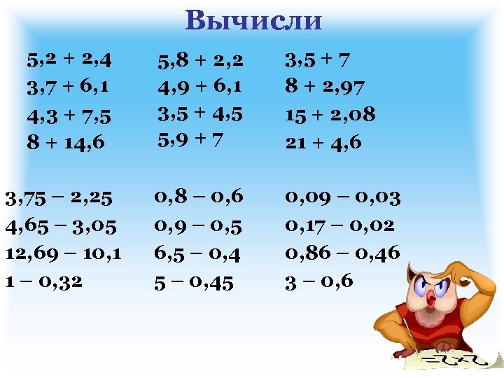 Вычисли ответ 3 1 4. Вычисли |-(-5)|. Вычислить с 2 5. Вычисли (−3−−−√)2. Вычисли: −7,6+3,6 =.