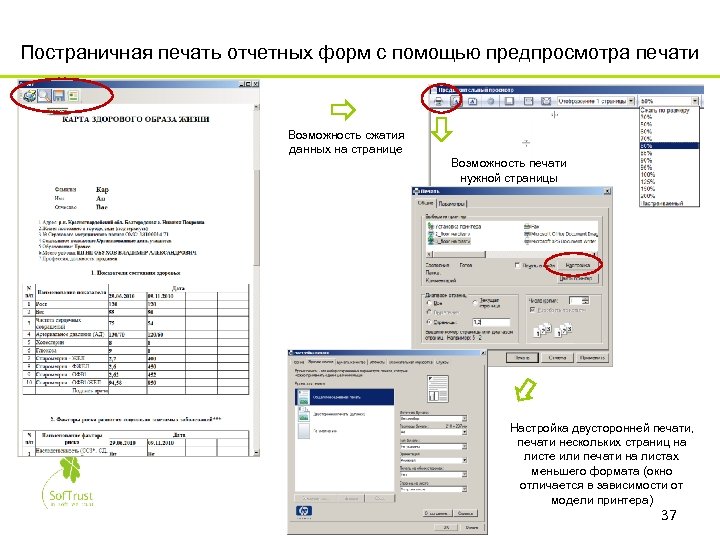 Постраничная печать отчетных форм с помощью предпросмотра печати Возможность сжатия данных на странице Возможность